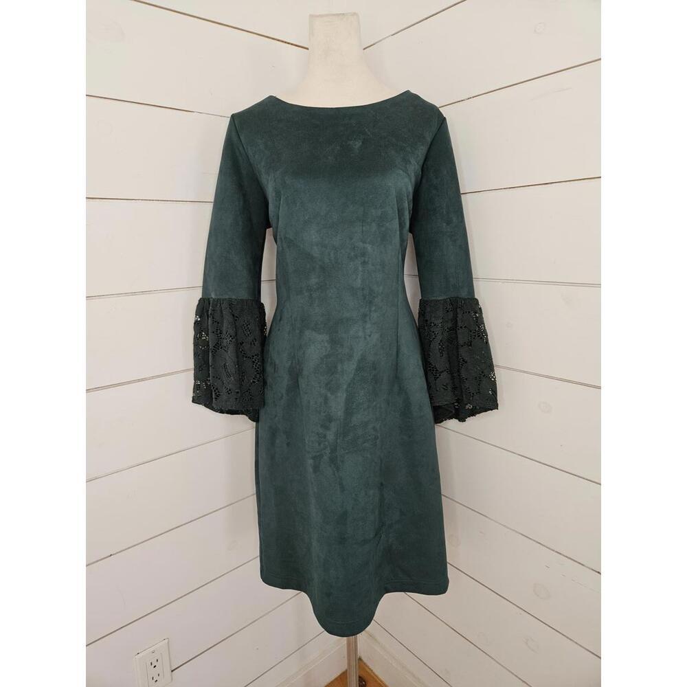 Nanette by Nanette Lepore size 12 green faux suede sheath dress w/ bell sleeves